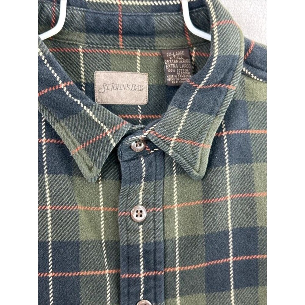 Vtg St Johns Bay Flannel Shirt Mens 2XL Tall Plaid Heavyweight Dark Green - Picture 2 of 3